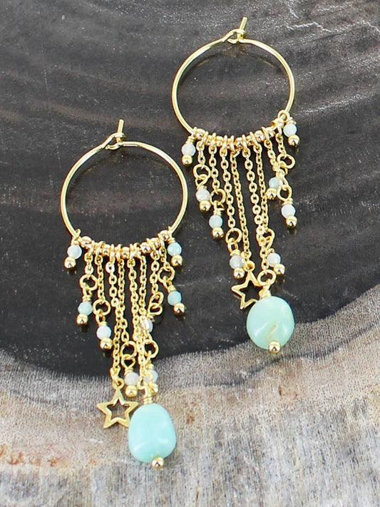 HOOP EARRING WITH AMAZONITE & CHAIN [GOLD PLATE]