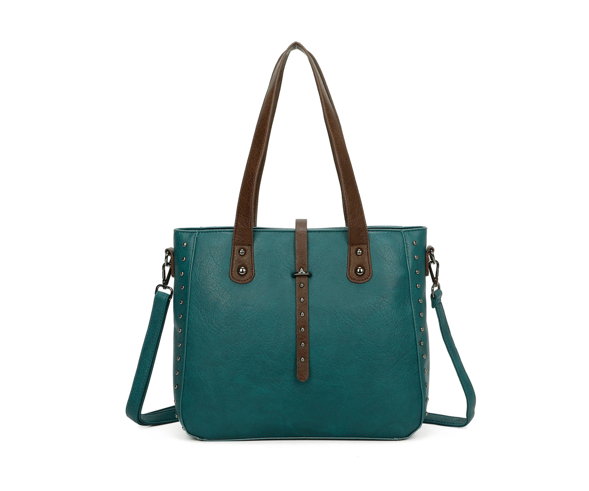 Superbia Medium Size Two-Toned Studs Details Tote Bag-9316: Teal