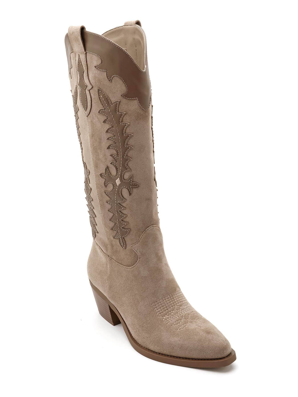 2552A Tall Two‑Material Cowboy Boots with Western Embroideries: KHAKI
