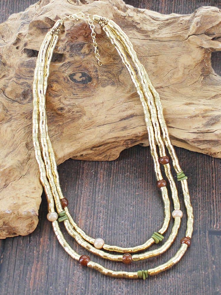 KH6601G TRIPLE-STRAND SNAKE NECKLACE WITH BEADS