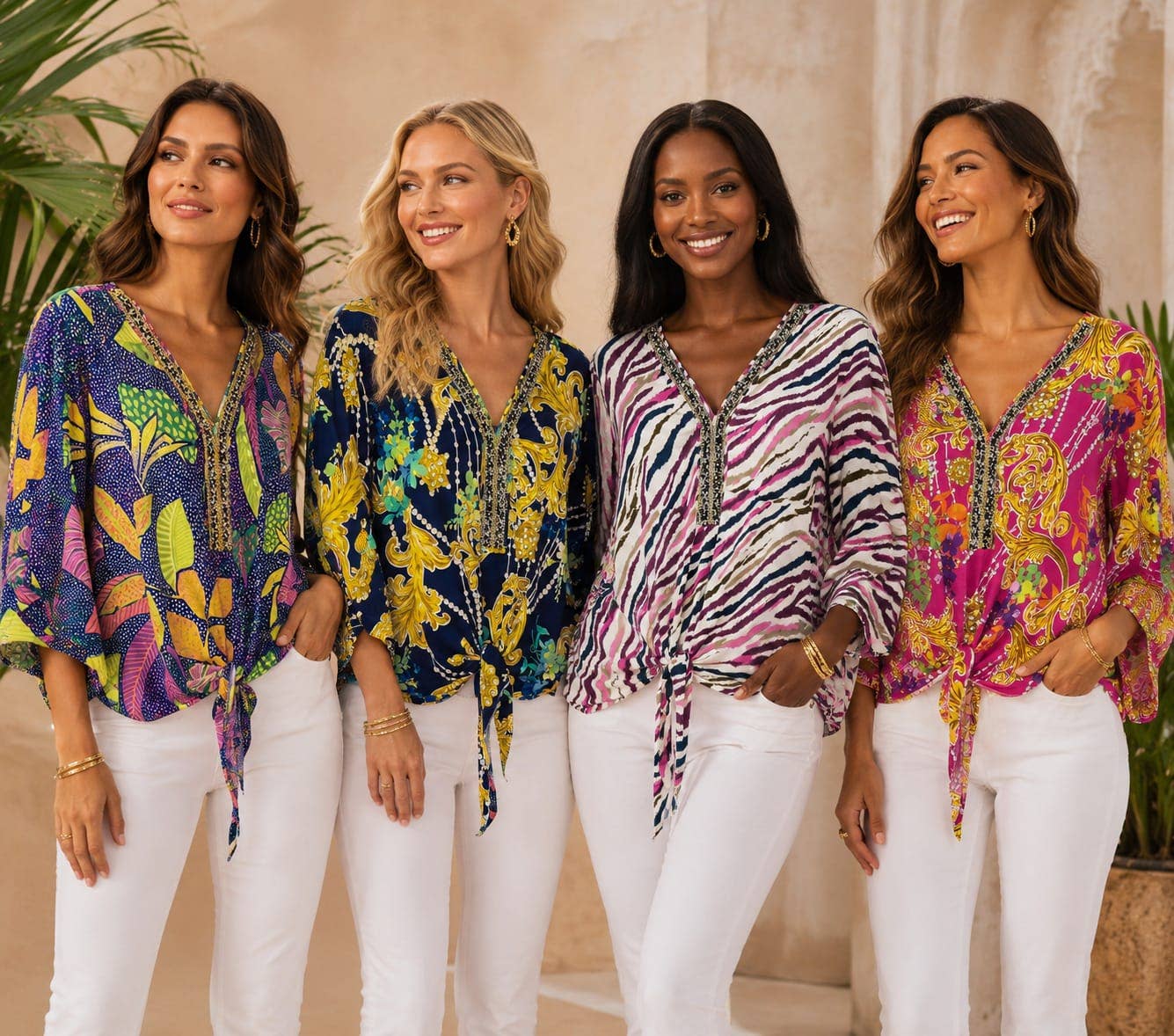 Printed V Diamante Slinky Tops: ZigZag
