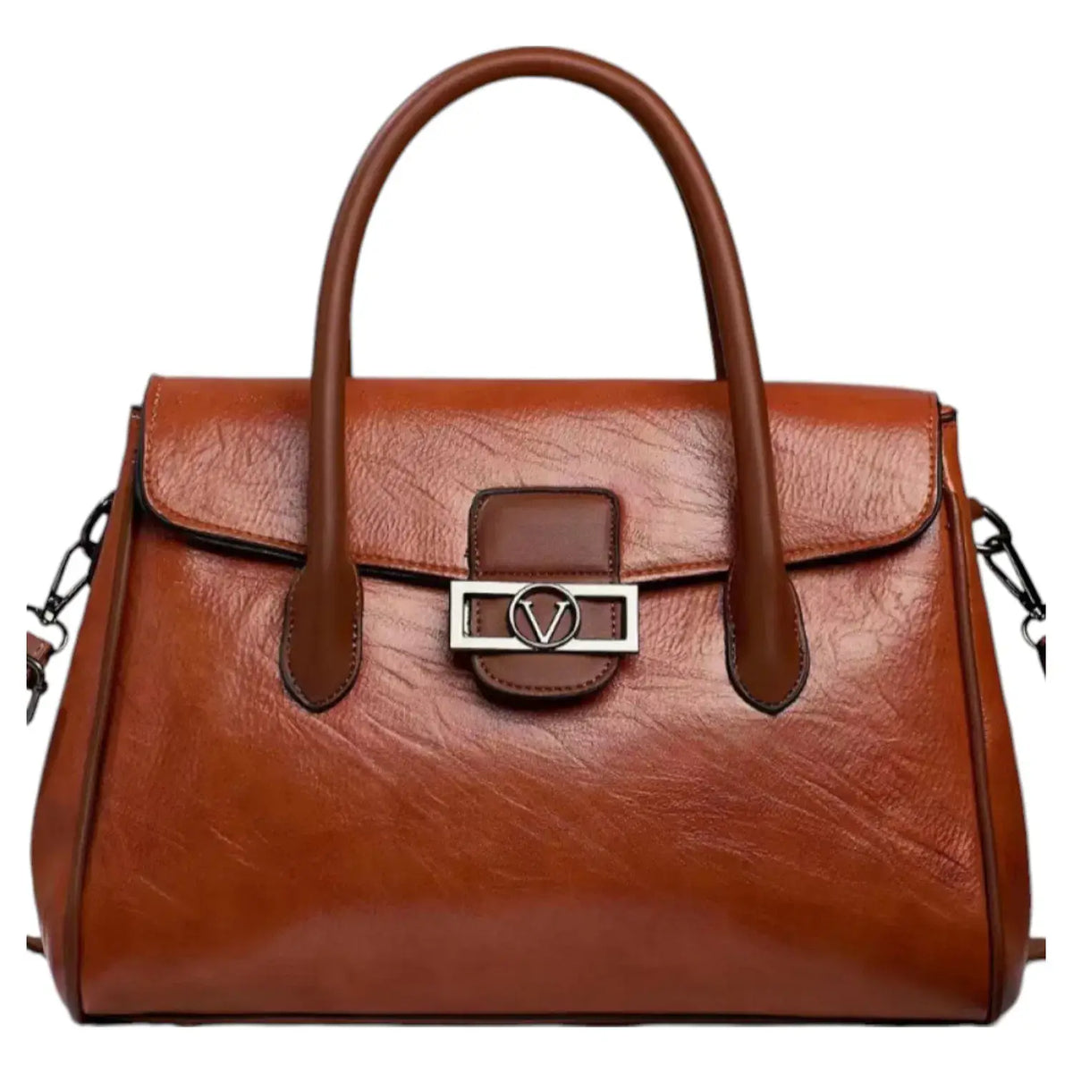 Two Toned Flap Over Top Handle Bag with "V" Badge-865-2: Green