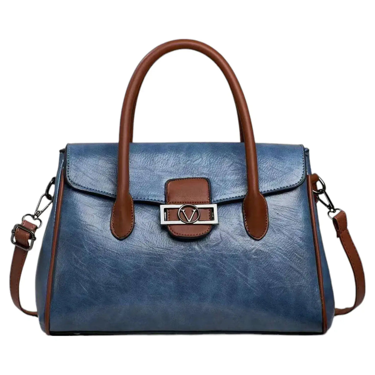 Two Toned Flap Over Top Handle Bag with "V" Badge-865-2: Green