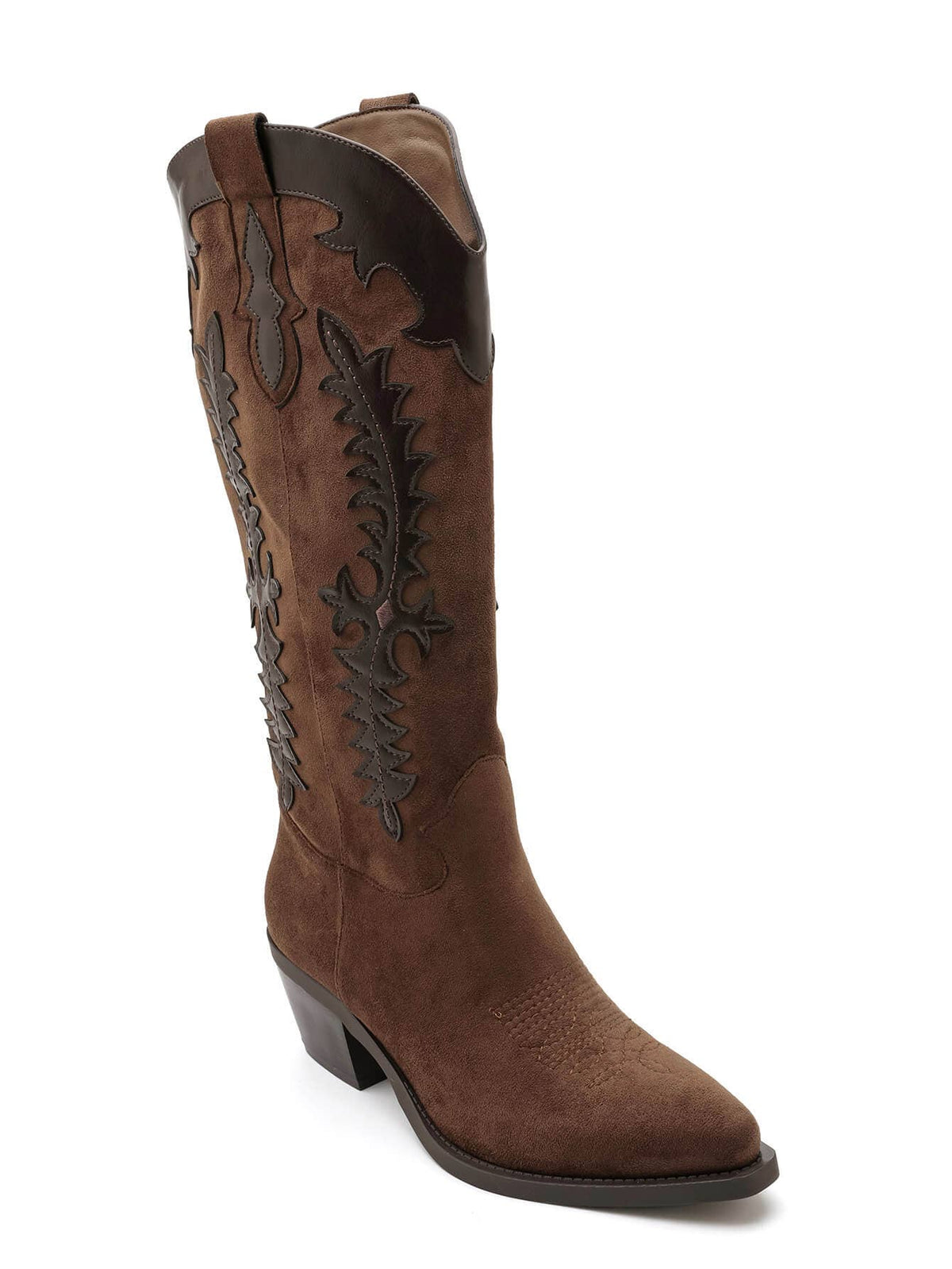2552A Tall Two‑Material Cowboy Boots with Western Embroideries: KHAKI