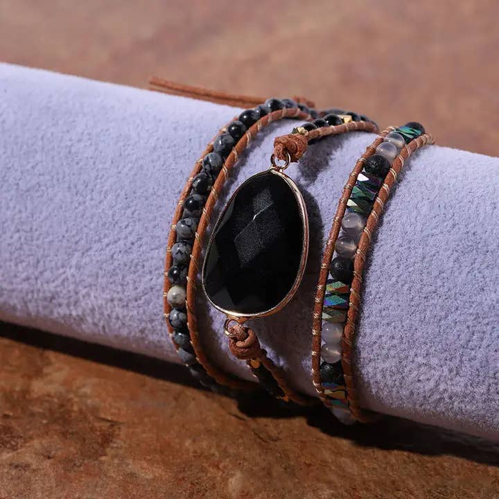 Black Onyx Leather Wrap Bracelet