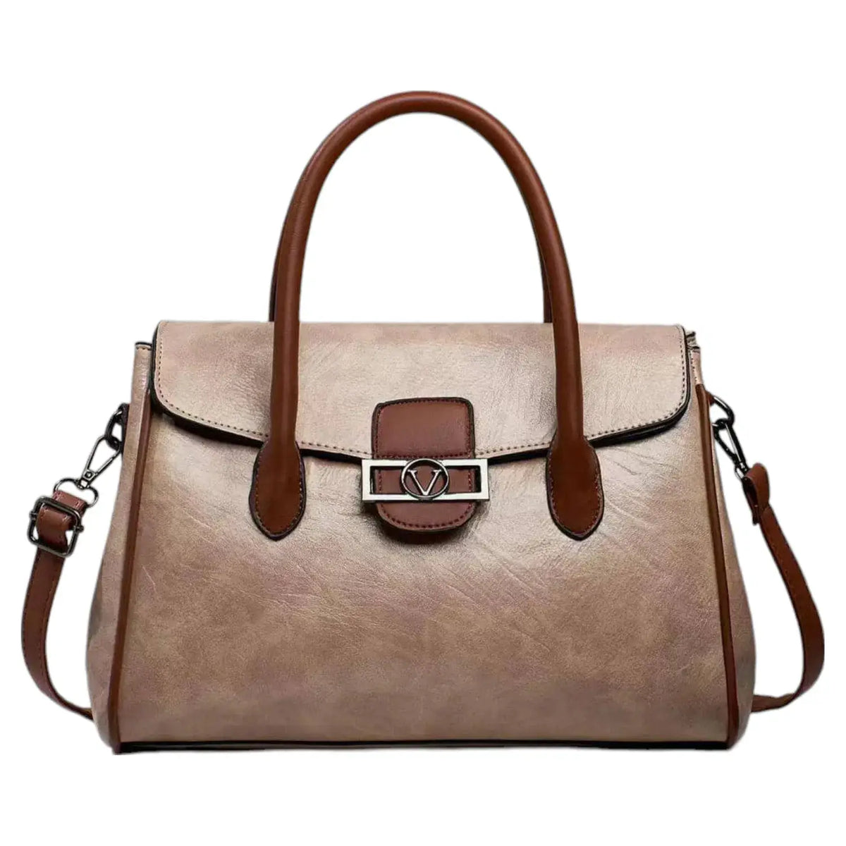 Two Toned Flap Over Top Handle Bag with "V" Badge-865-2: Green