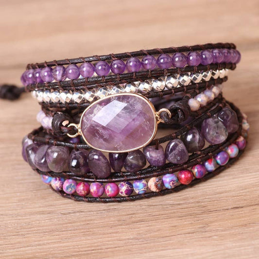 Amethyst Hand-Woven Leather Bracelet: B