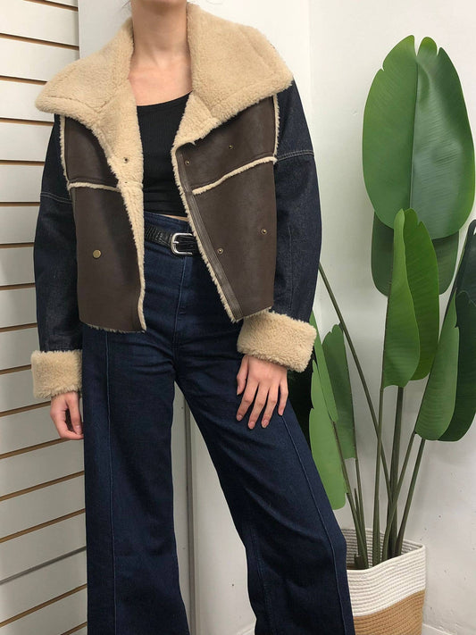 Brown Aviator Jacket with Denim Sleeves