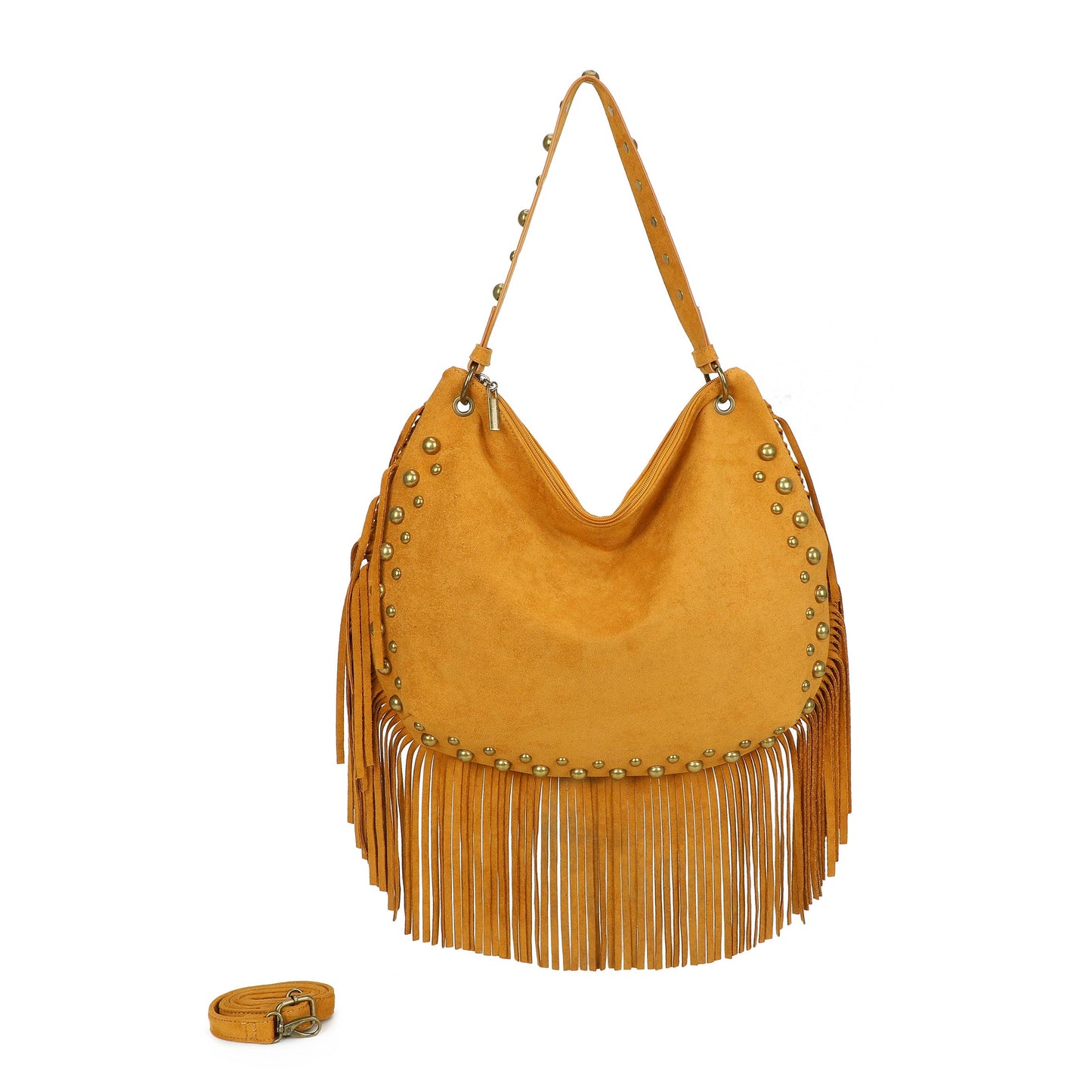 H701 Fringe Hobo Bag with Stud Detail: Beige