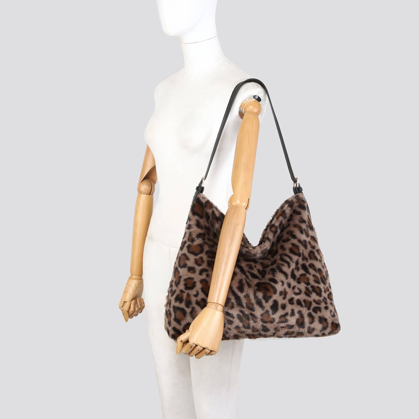 Brown Faux Fur Leopard Print Slouch Bag
