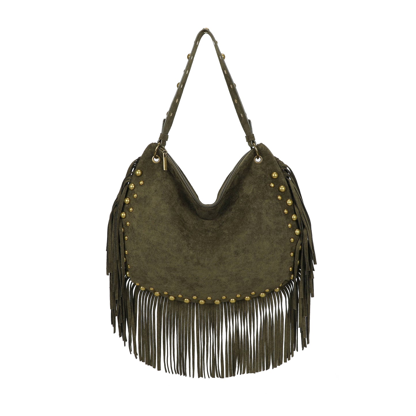 H701 Fringe Hobo Bag with Stud Detail: Beige