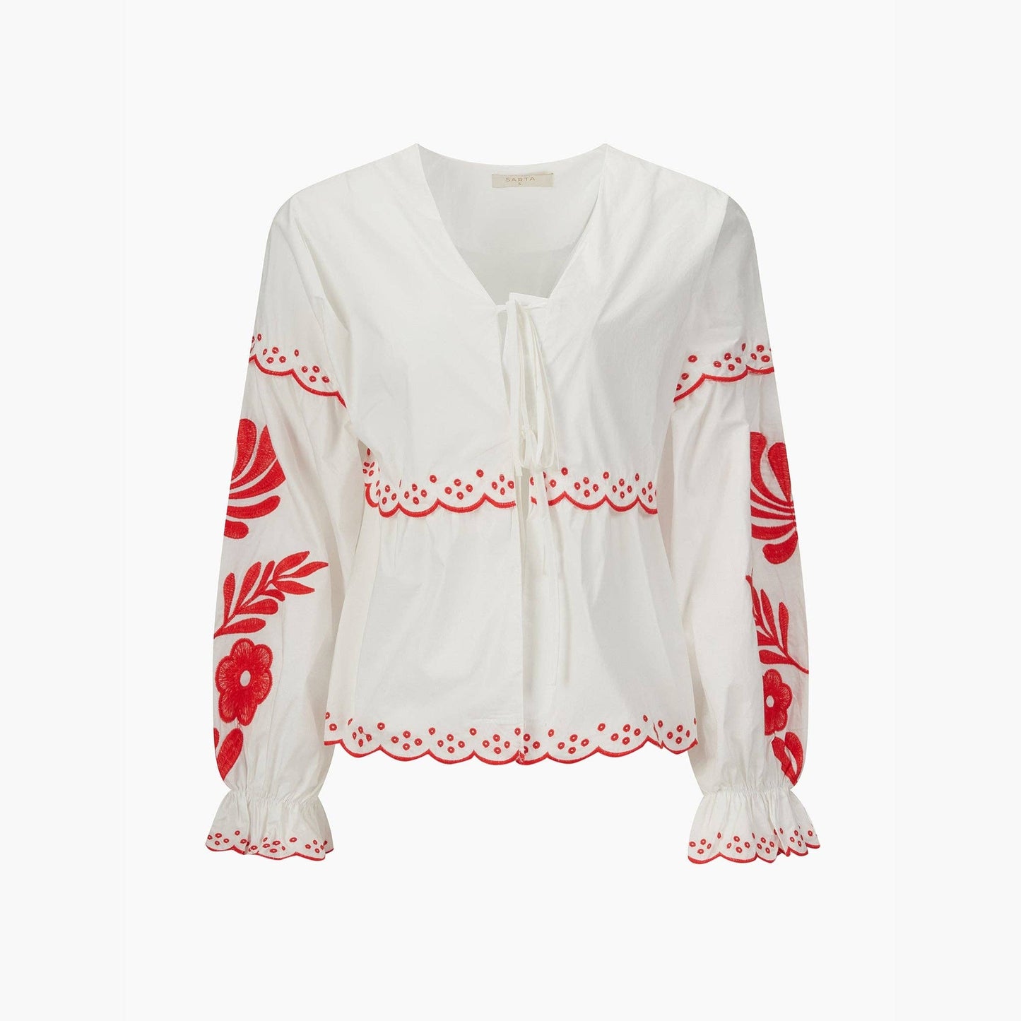 WHITE/RED EMBROIDERED TIE FRONT SHIRT