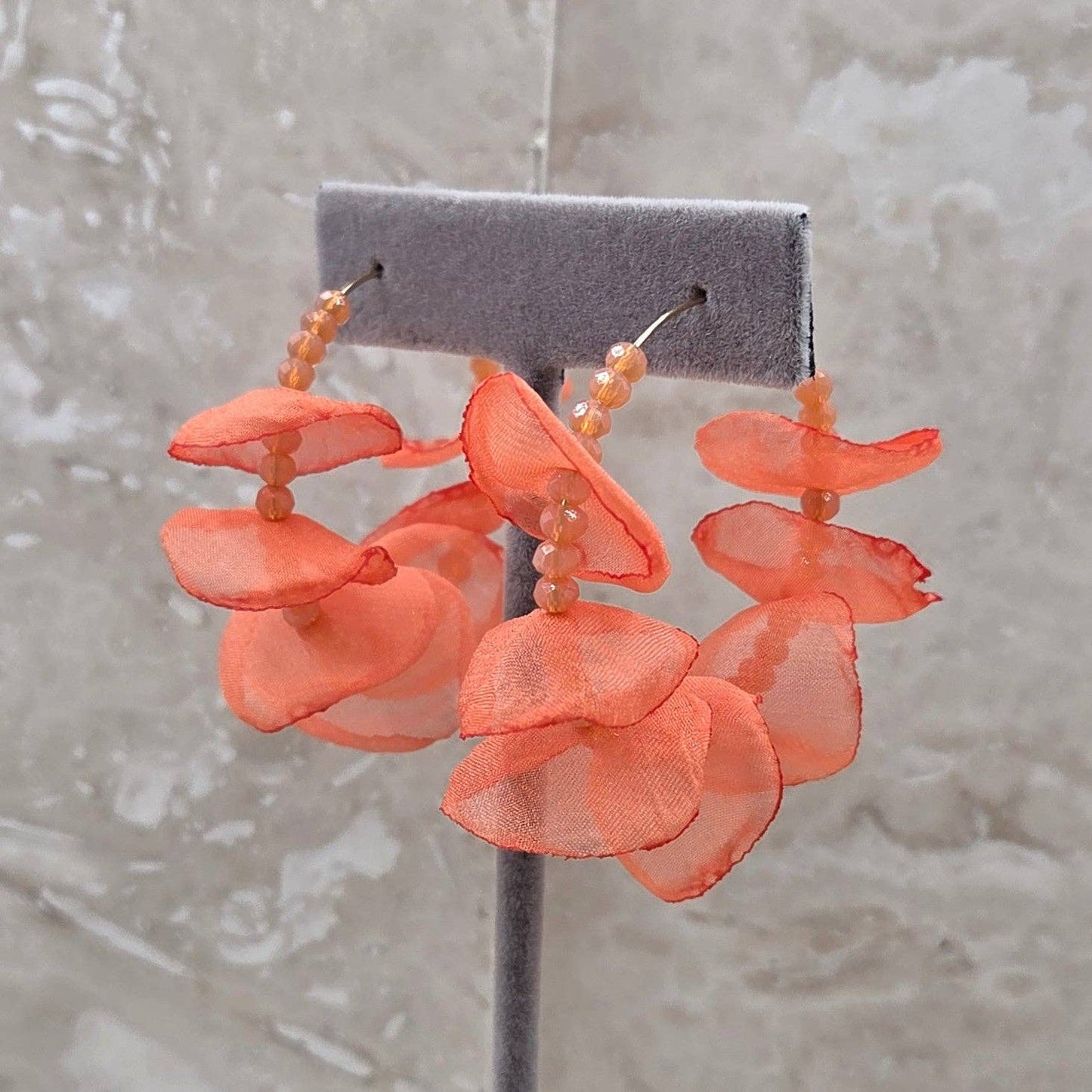 Light weight hoop earrings with sheer fabric and beads: Paprika