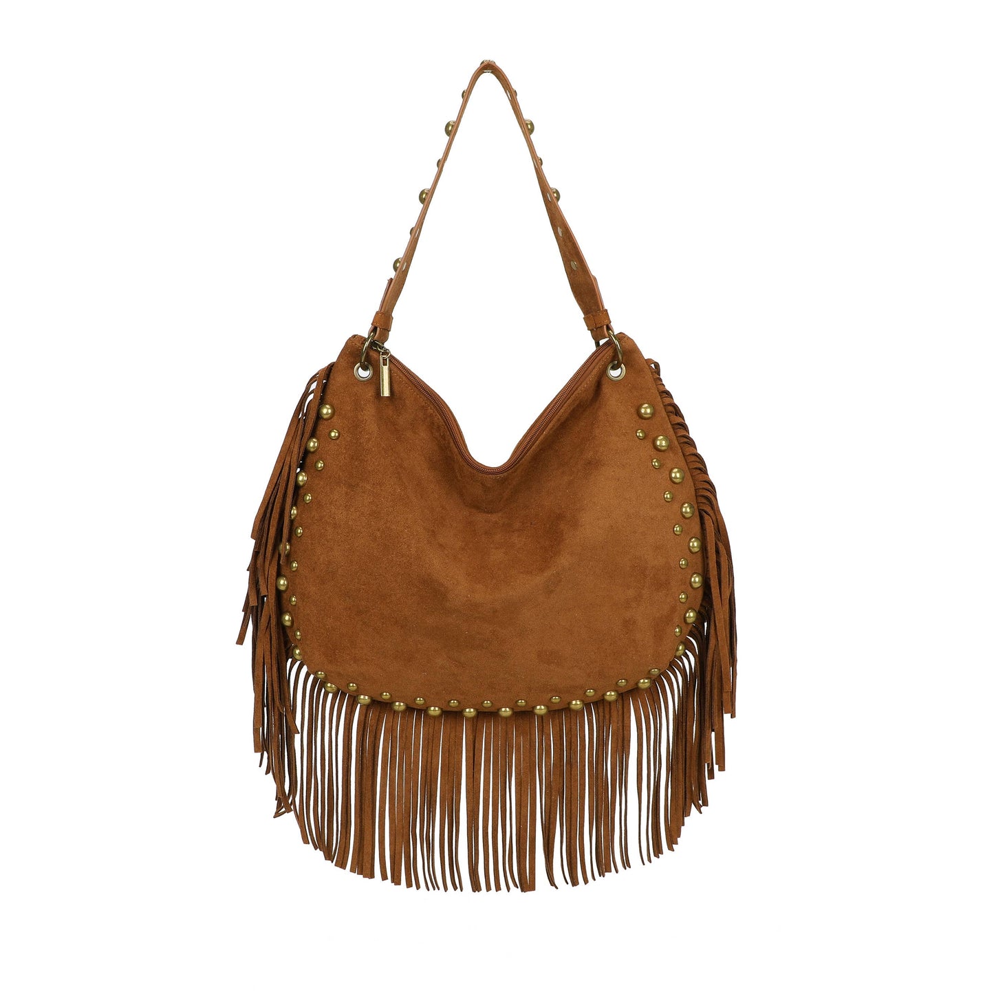H701 Fringe Hobo Bag with Stud Detail: Beige