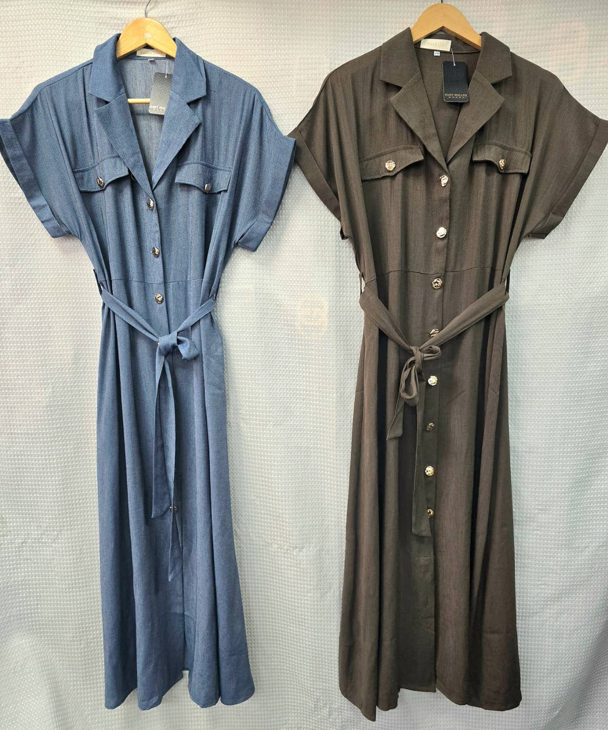 Pure Cotton Textured Gold Button Shirt Maxi Dress: Blue