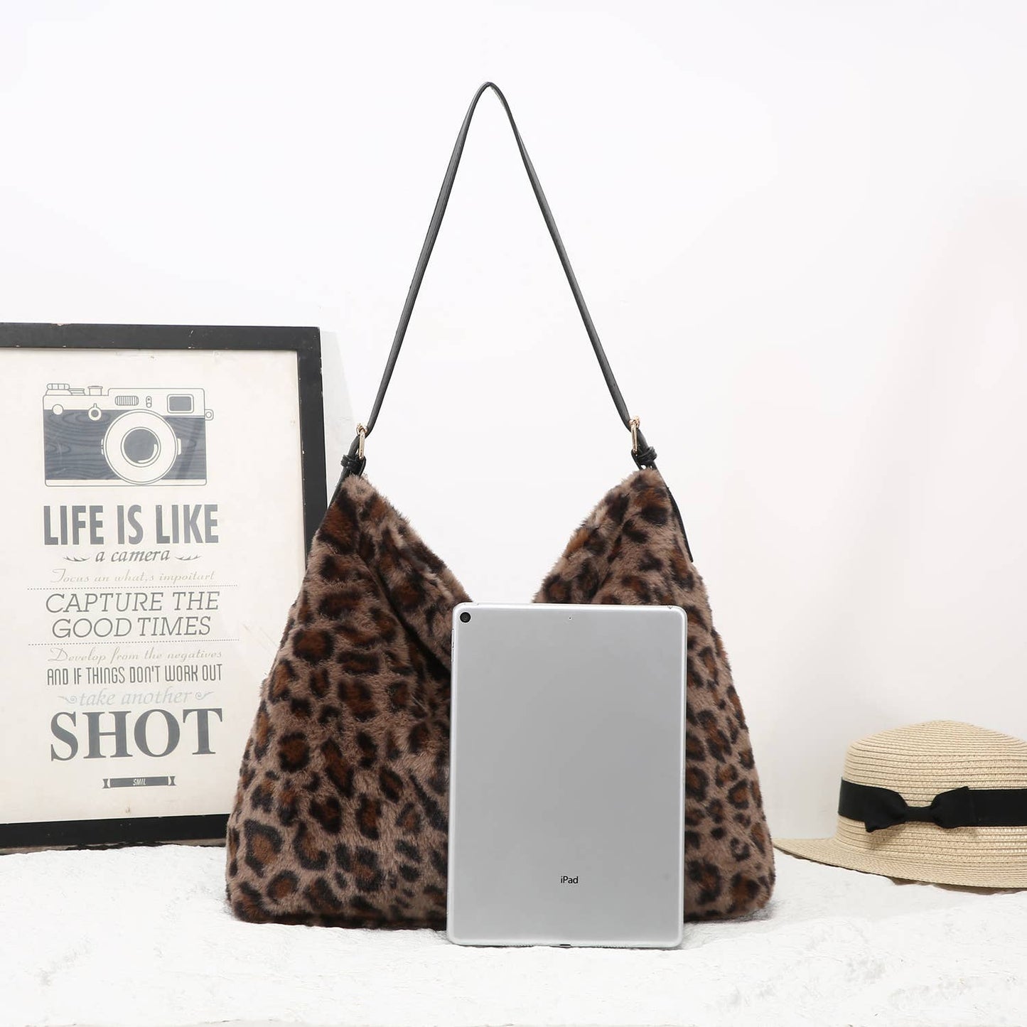 Brown Faux Fur Leopard Print Slouch Bag