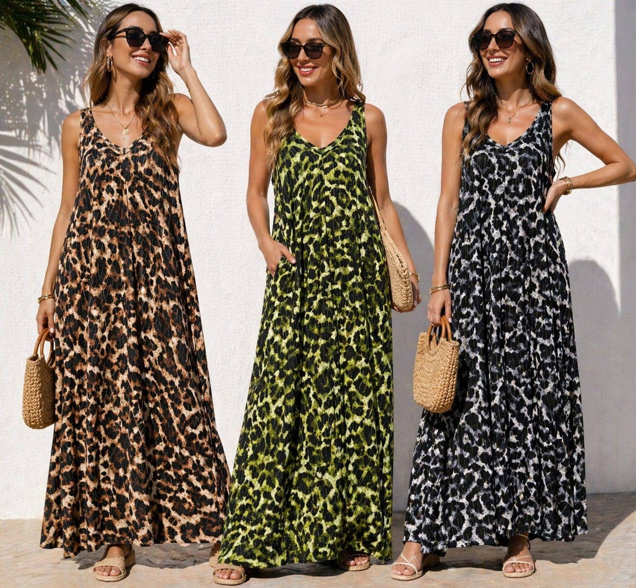 Leopard Parachute V Cotton Lurex Maxi Dress: Brown