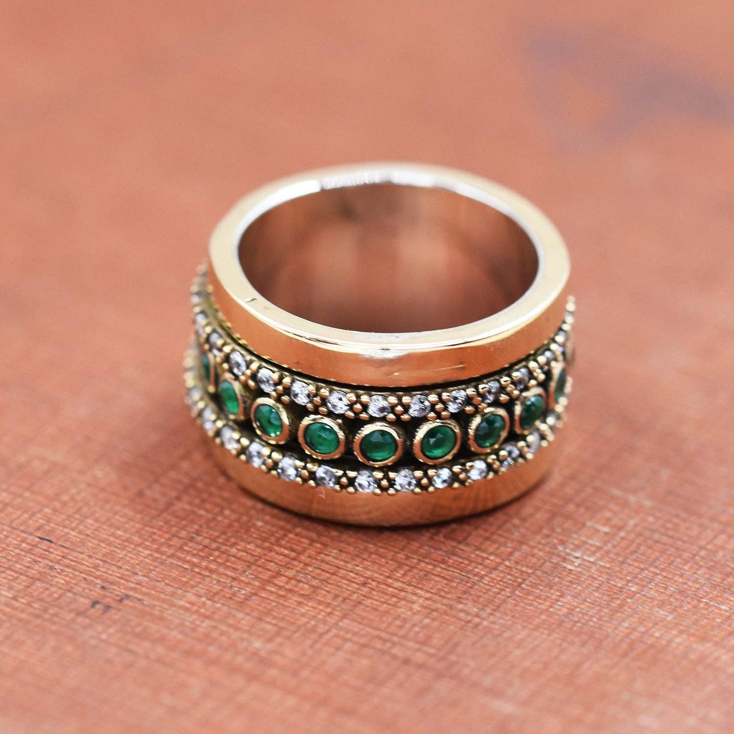 CZ double band with central coloured stone 925 silver inlay on band