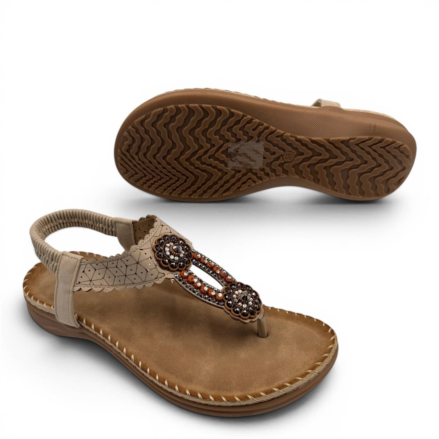 Women's Beaded Bohemian Flip Flop Sandals RT268-6: Beige
