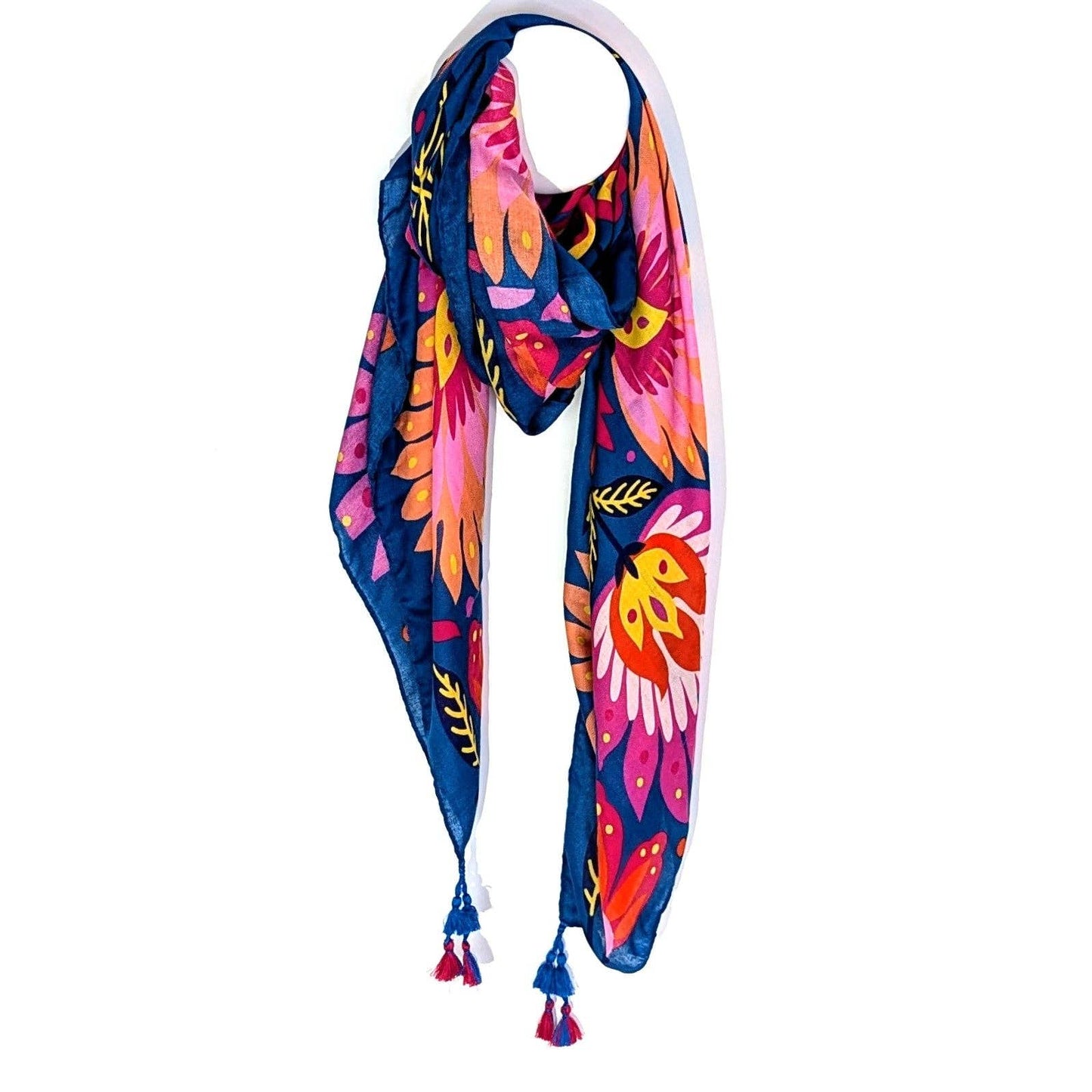 Vibrant flower print scarf with corner tassels: BLU-FUSH