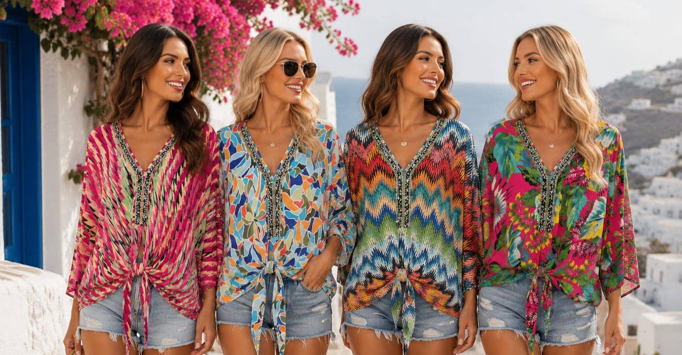 Printed V Diamante Slinky Tops: ZigZag