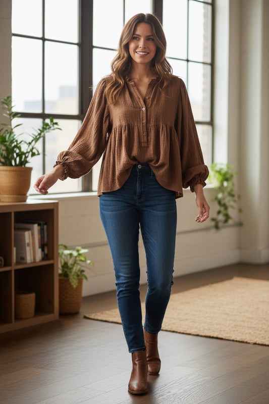 Oversized Bronze Waffle Material Shirt