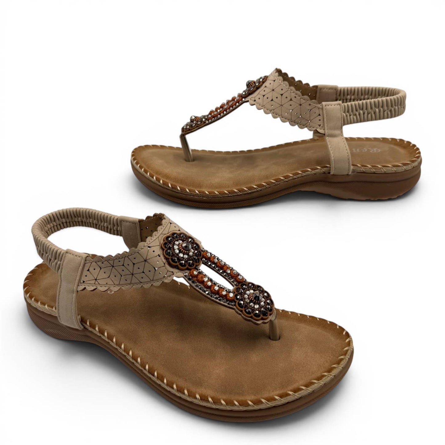 Women's Beaded Bohemian Flip Flop Sandals RT268-6: Beige