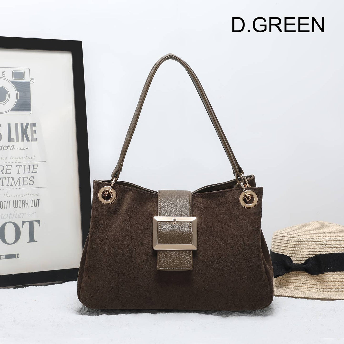 Khaki  Faux Suede Shoulder Bag