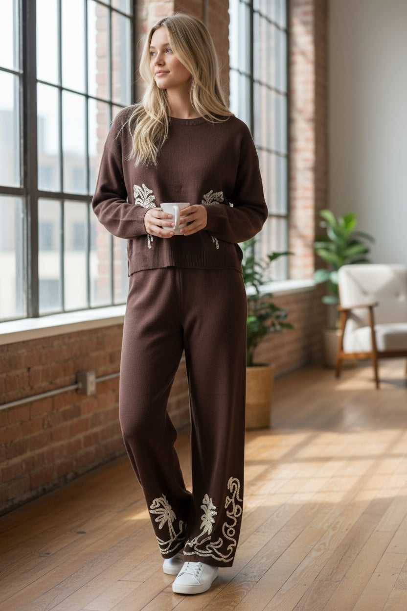 Brown Palm Stitch Fine Knit Trouser