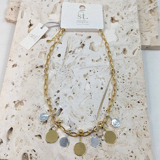 Bar and circle component linked in chain necklace