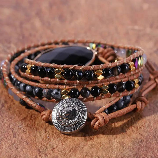 Black Onyx Leather Wrap Bracelet