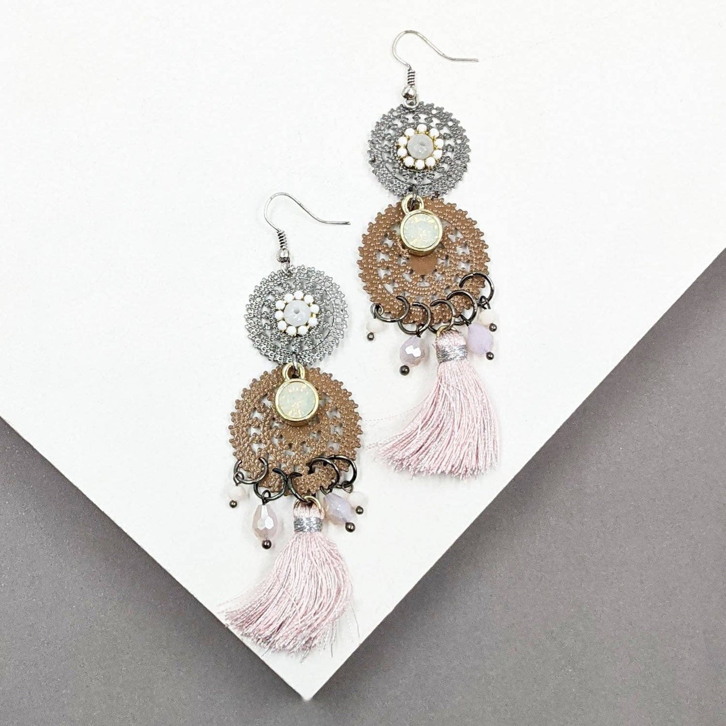 Vintage boho inspired drop earrings with crystals