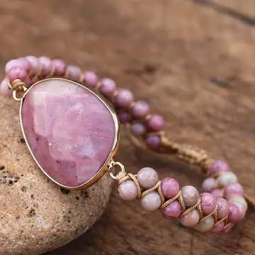 Boho Ethnic Rhodochrosite Hand-woven Bracelet: Rhodochrosite