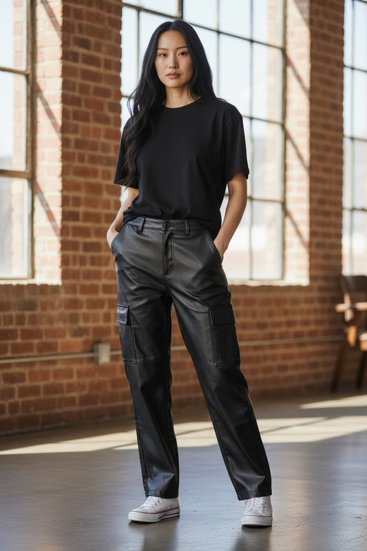 Black Stretch Coated Cargo Trouser