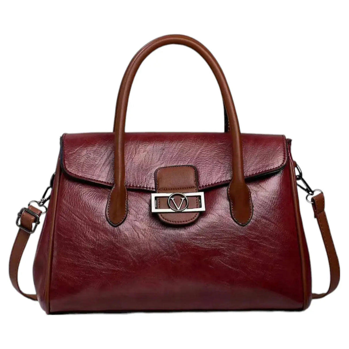 Two Toned Flap Over Top Handle Bag with "V" Badge-865-2: Green