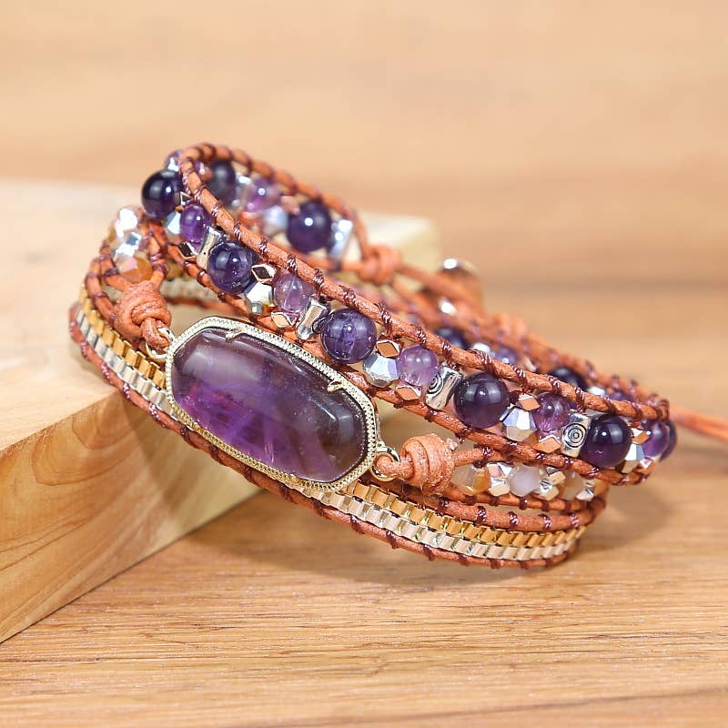 Amethyst Hand-Woven Leather Bracelet: B