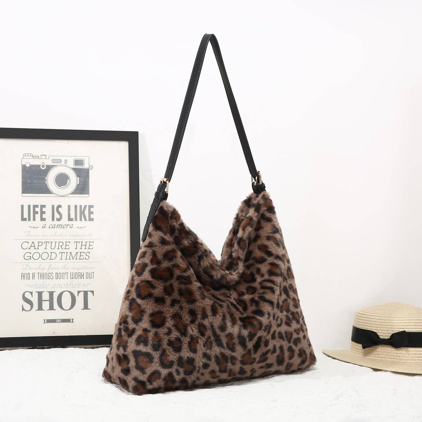 Brown Faux Fur Leopard Print Slouch Bag