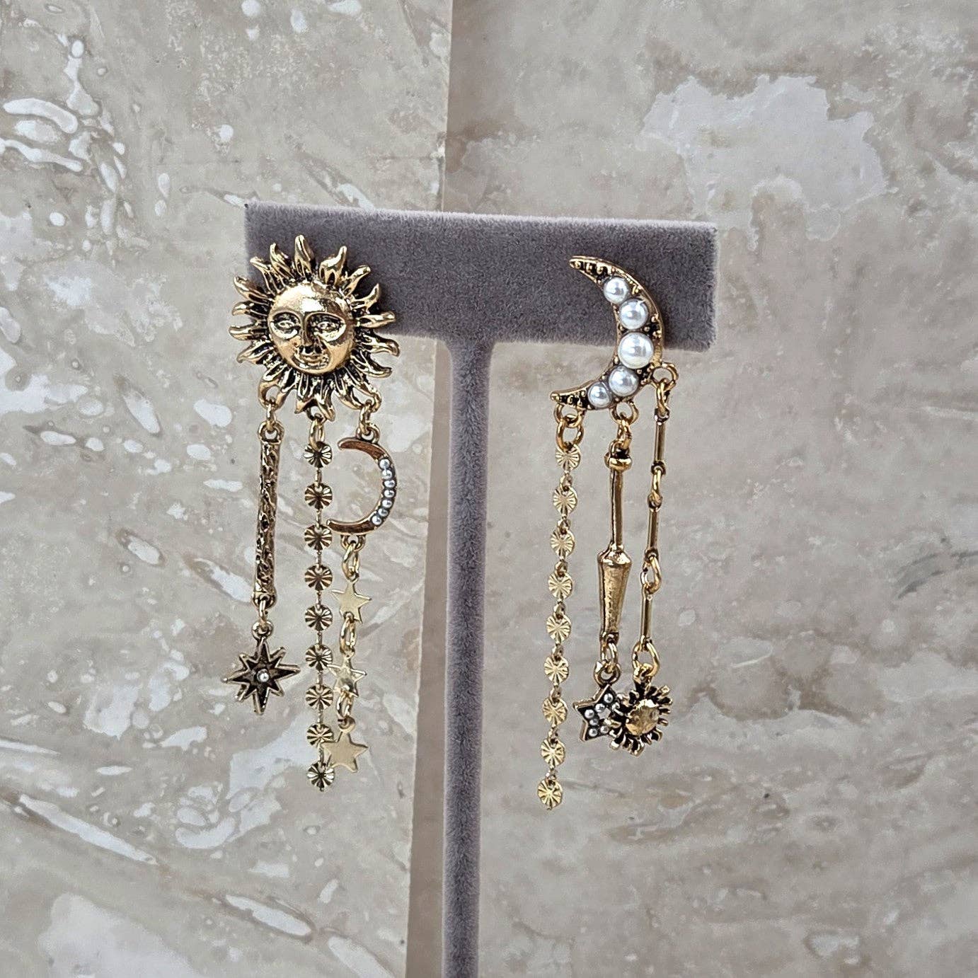 Sun and moon chain dangle celestial earrings: Gold