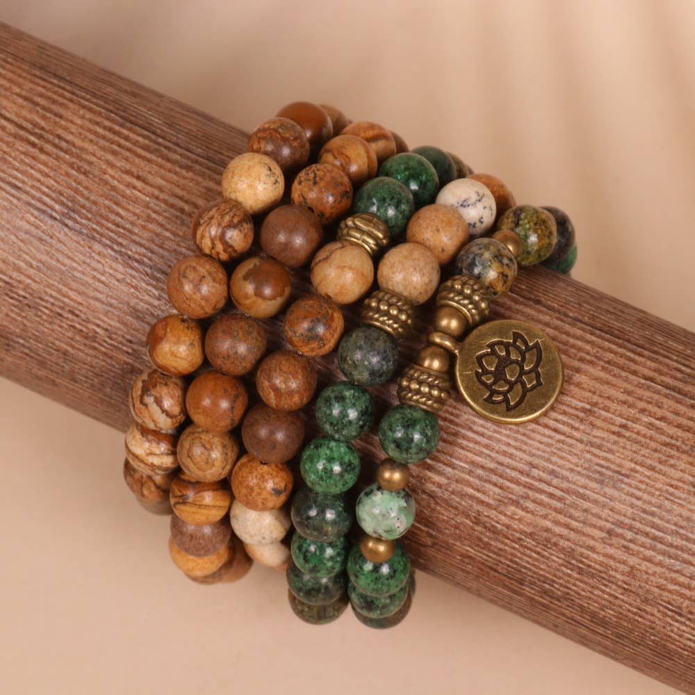 108-Bead African Pine and Picture Stone Beaded Bracelet