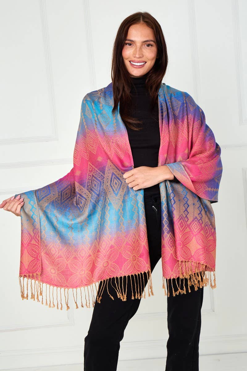 Super Soft Reversible Pashmina scarf /Shawl-Azec 6364: Blue