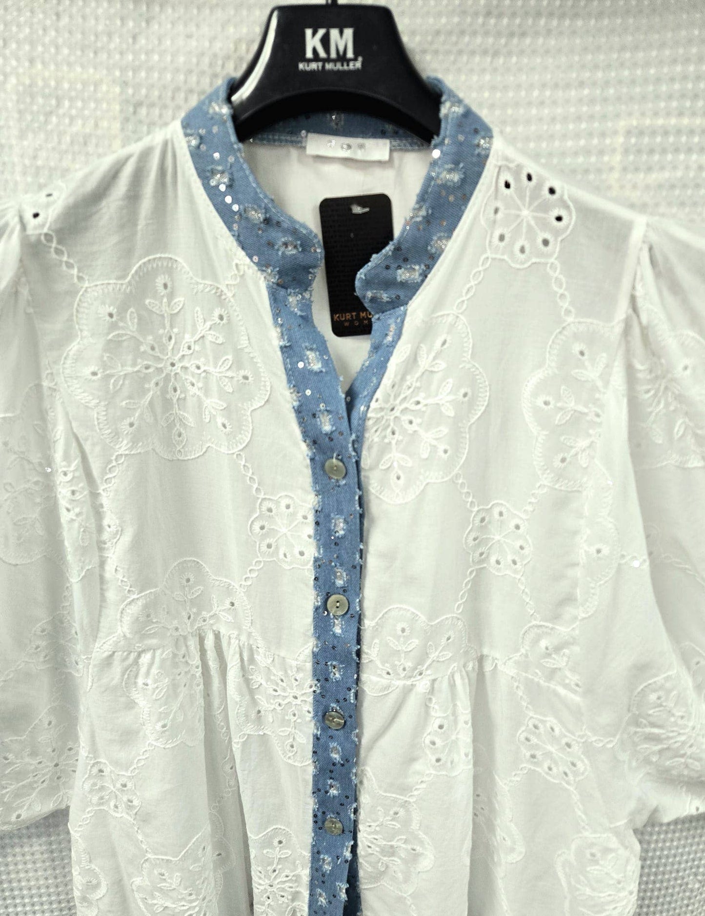 Denim Sequin Trim Embroidery Crochet Top