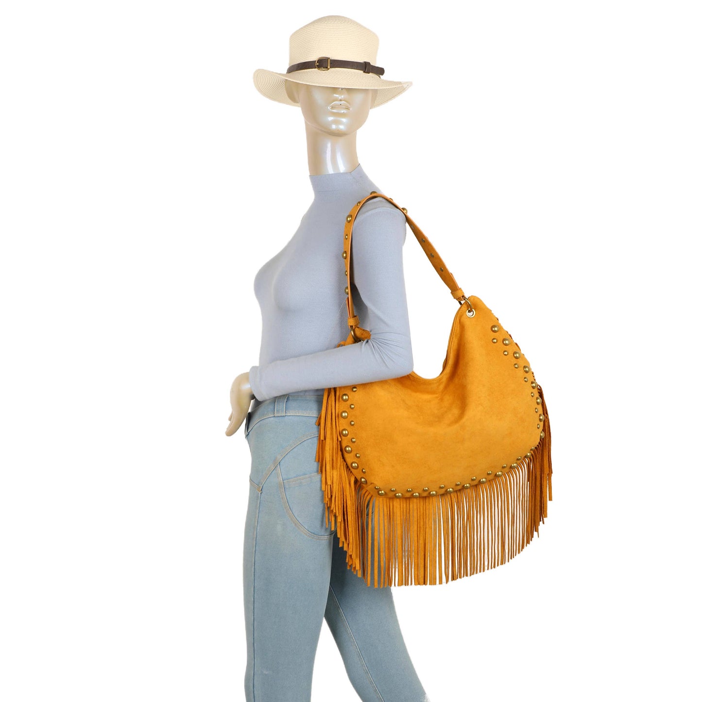 H701 Fringe Hobo Bag with Stud Detail: Beige