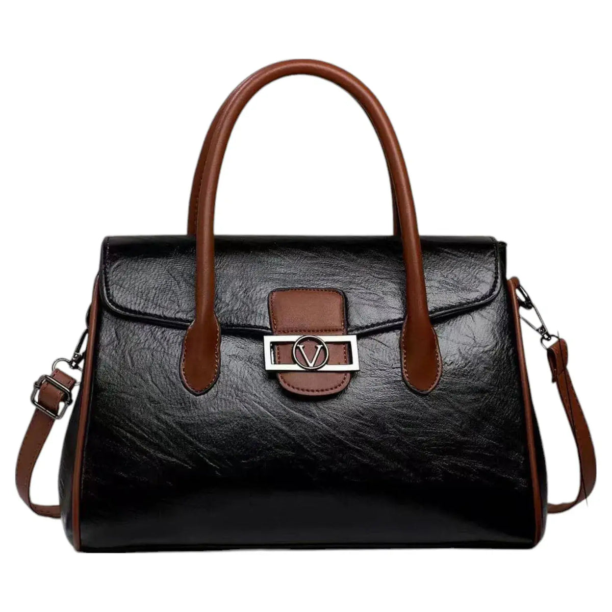 Two Toned Flap Over Top Handle Bag with "V" Badge-865-2: Green