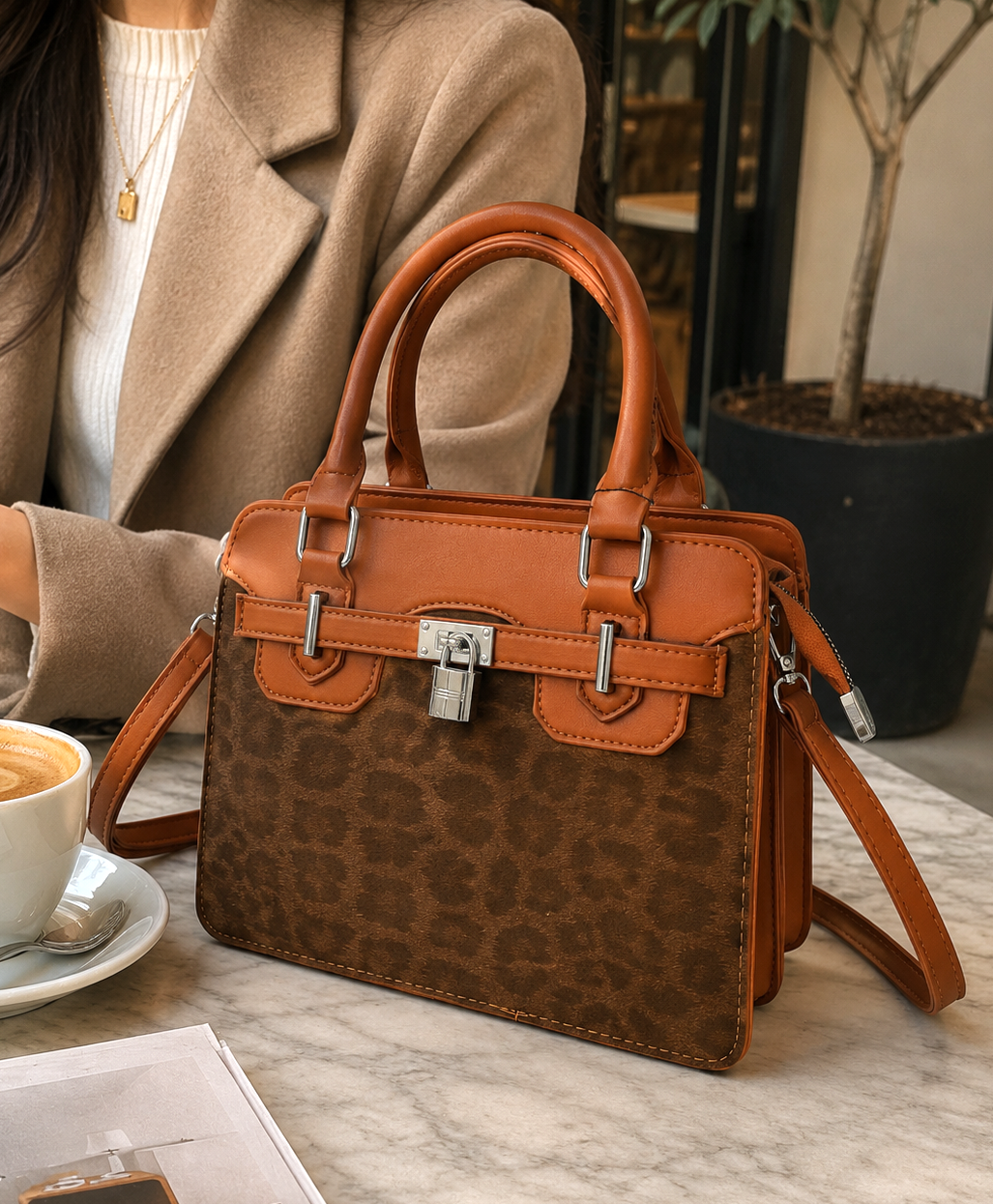Medium Size Leopard Print Padlock Tote Bag-931-12: Mink