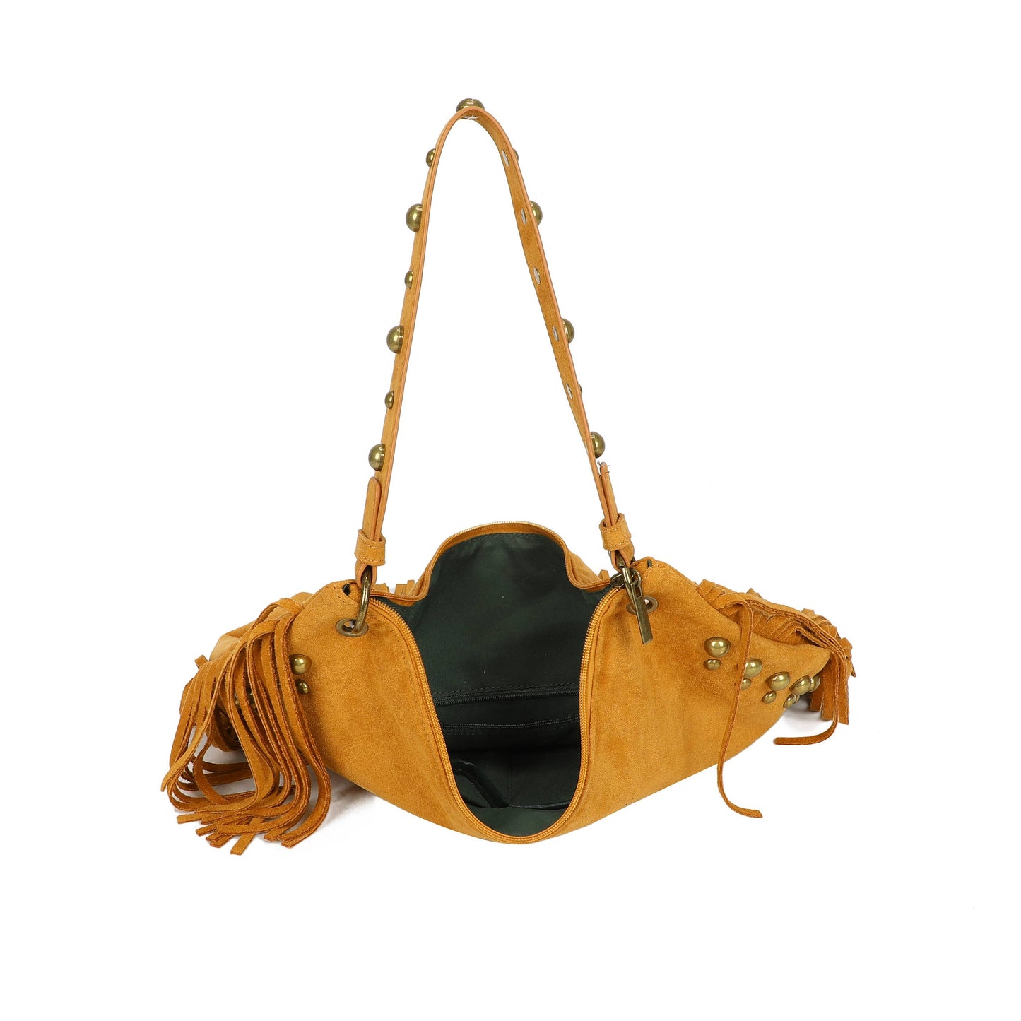 H701 Fringe Hobo Bag with Stud Detail: Beige