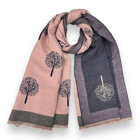 Tree Print With Border Cashmere Mix 2 Tone Reversible: Pink-Mauve