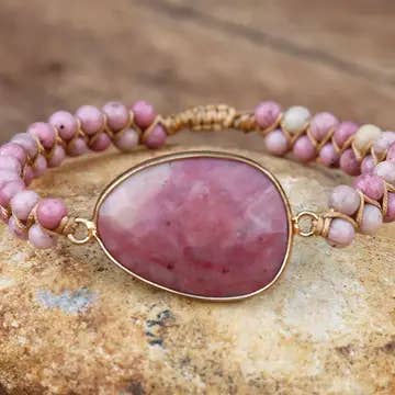 Boho Ethnic Rhodochrosite Hand-woven Bracelet: Rhodochrosite