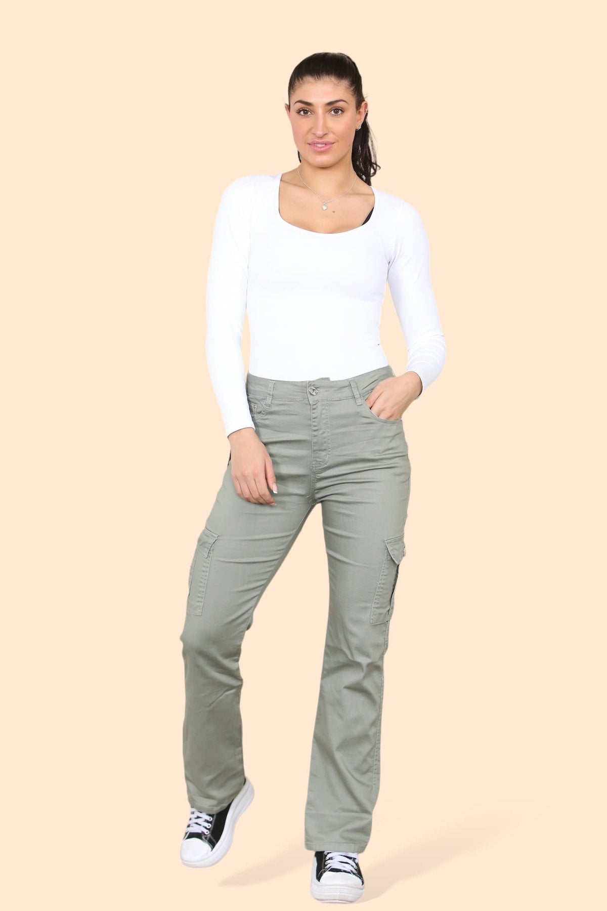 White Cargo Pocket Voggo Cotton Stretch Jeans: White