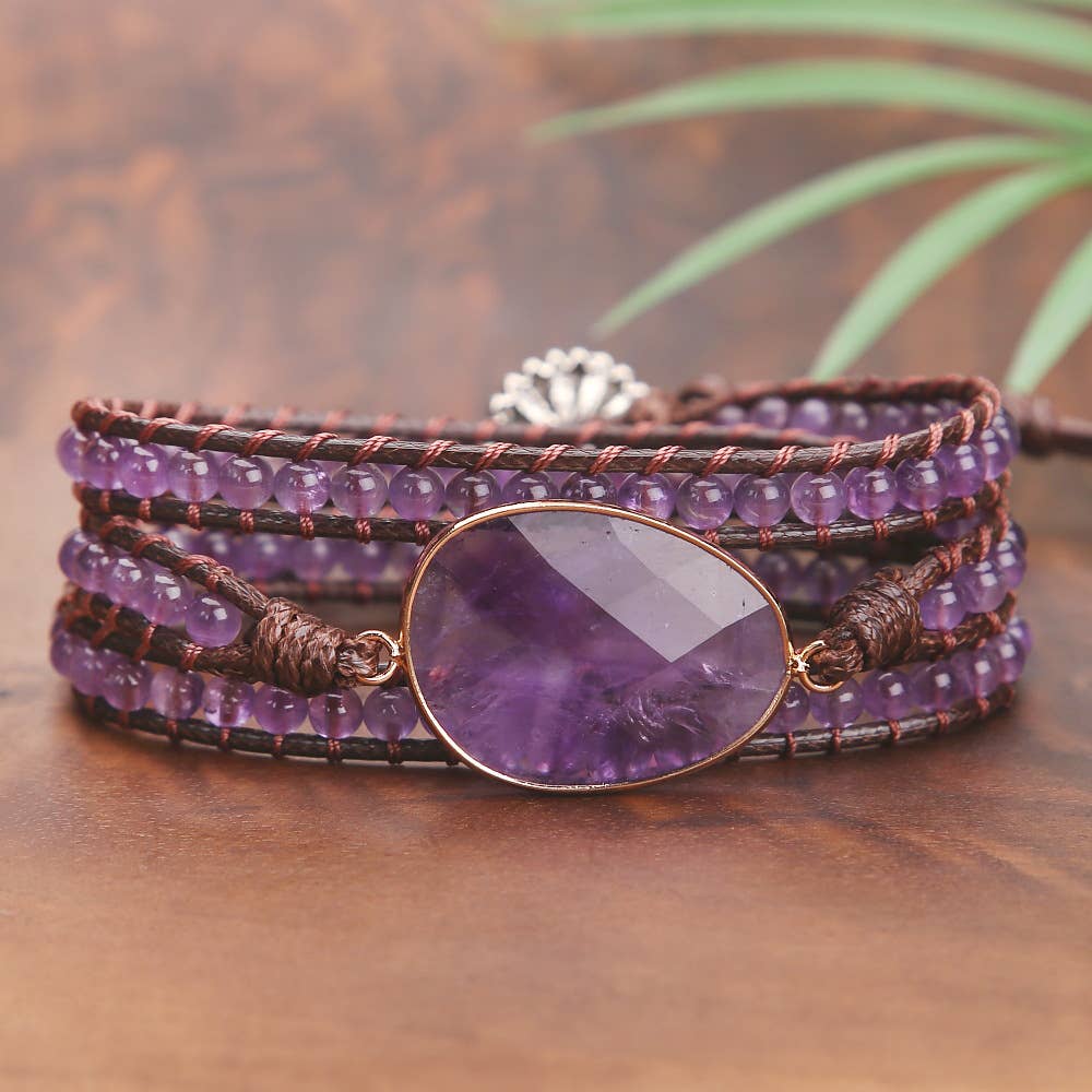 Amethyst Hand-Woven Leather Bracelet: B