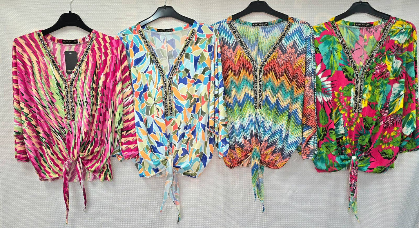 Printed V Diamante Slinky Tops: ZigZag